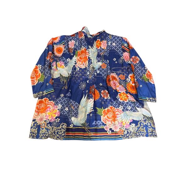 JOHNNY WAS Blue Pajaro Coddi 100% Silk Blue Floral Tunic Boho Top Women's LARGE - Picture 9 of 14